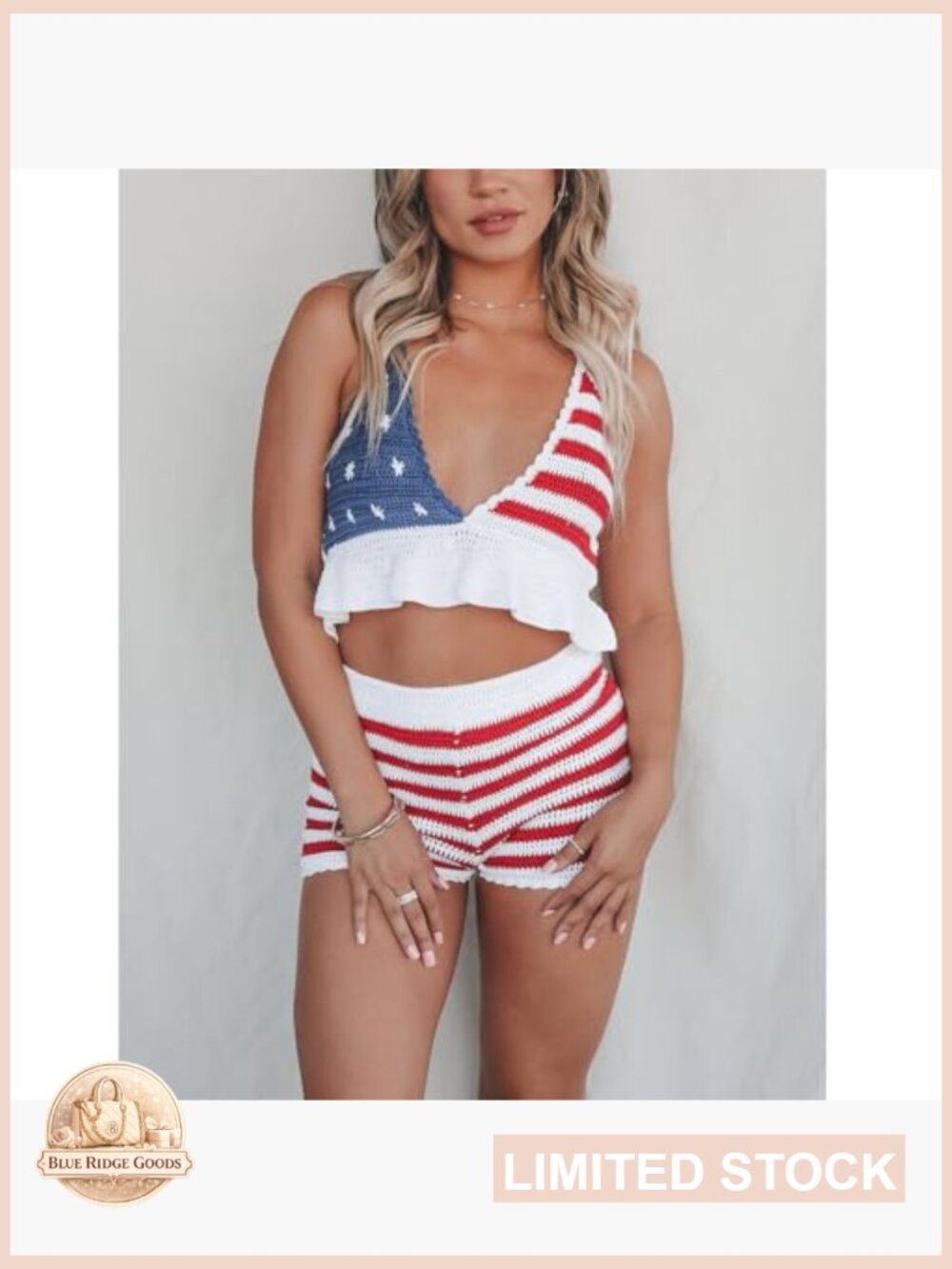 American Flag Knitted 2 Piece Set V Neck Cropped Cami and Shorts Patriotic - Picture 2 of 7